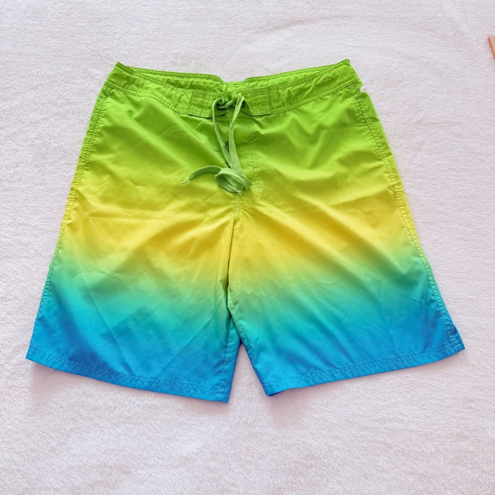 O'Rageous Swim Trunks Men Large Green Yellow Blue Ombre Gradient Board Shorts